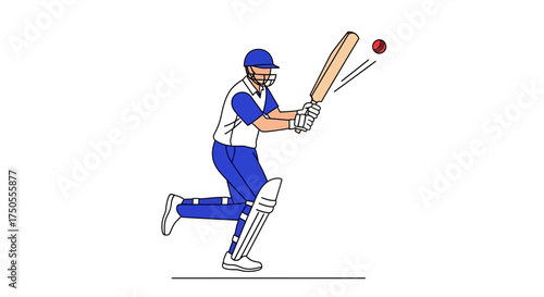 Line art of a cricket batsman hitting a red ball on a white background, showing action and movement, conveying a sporty and energetic mood.