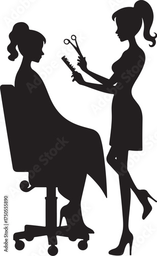 Silhouette of hairdresser styling client with scissors and comb
