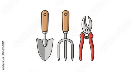 Flat lay illustration of gardening tools on a clean white background, rendered with bright, cheerful colors and precise vector graphics.