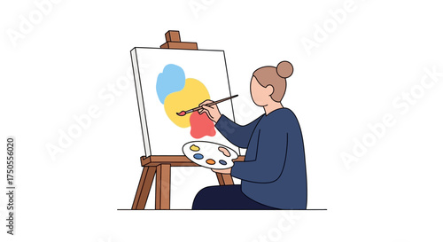 Illustration of a young woman painting abstract shapes on a canvas on an easel against a clean white background with pastel colors.