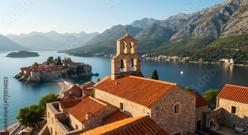 Sveti Stefan Island Resort with Bell Tower Church in Foreground and Mountains