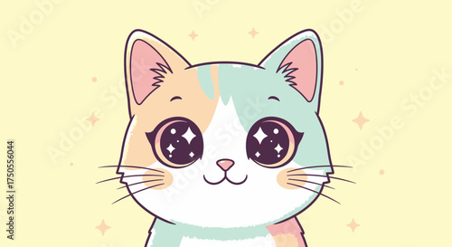 Cartoon kitten with star-filled eyes depicted in a flat illustration style against a soft yellow background, conveying a whimsical and charming mood.