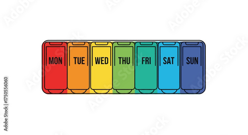A vibrant, rainbow-colored pill organizer isolated on white shows daily medication reminders in a bright and clean flat lay composition.