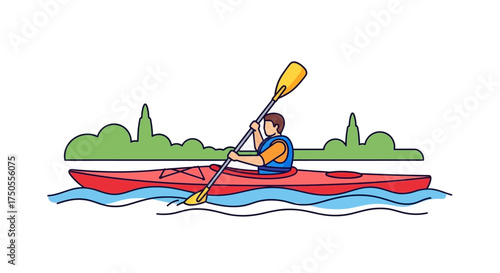 A kayaker paddling a red kayak on water, depicted in a flat lay illustration against a white background with green foliage, conveying a peaceful mood.