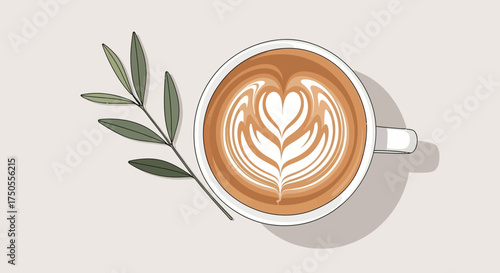 Overhead flat lay of latte art in a white cup with a green sprig against a beige background, creating a calm, minimalist aesthetic.
