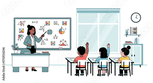 Animated teacher explaining math on the board in a bright classroom, with students raising hands, depicted in a flat illustration style and clean white background.