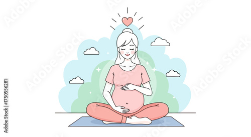A serene pregnant woman meditating in lotus position, a digital illustration against a clean white backdrop conveying calmness and love.