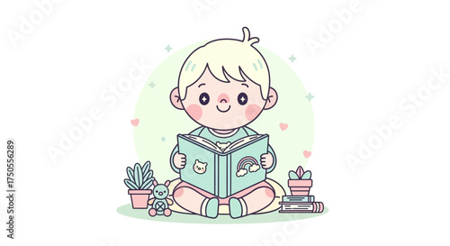 Cartoon illustration of a child reading a book with soft pastel colors against a clean white background, conveying a calm and dreamy mood.