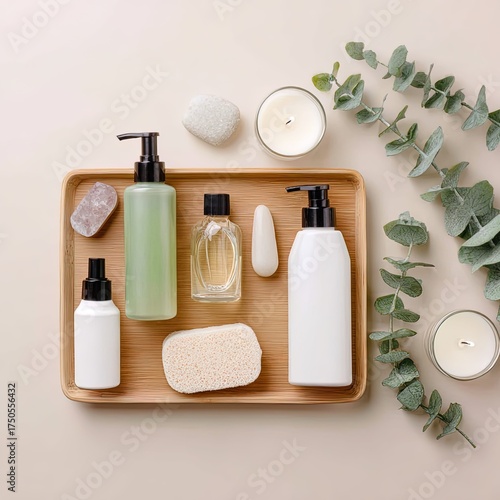 Vegan skincare and cruelty-free cosmetics arranged neatly on a bamboo tray, next to candles and eucalyptus, spa aesthetic, light pastel background