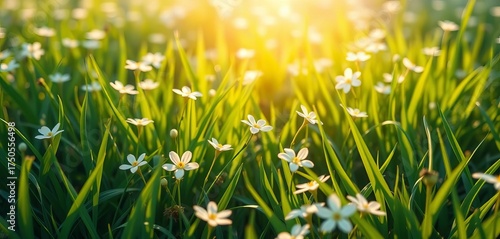 Serene white flower blossoms amidst vibrant green grass, soft light, anime aesthetic, green, peaceful