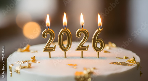 Golden 2026 candles burning brightly on a festive cake for new year celebration