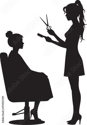 Silhouette of hairdresser with scissors and comb styling client