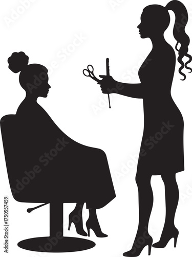 Silhouette of hairdresser with scissors and comb styling client