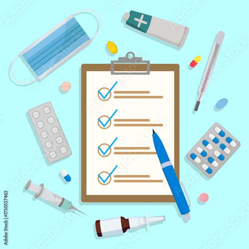 Medicine illustration Protection mask blister pills spray thermometre injection Doctor day