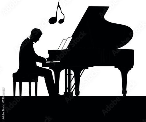 Side view silhouette of a pianist playing a grand piano