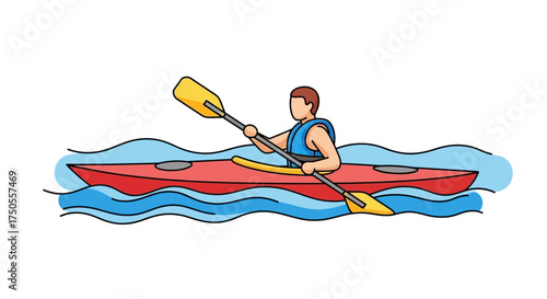 Vector illustration of a person kayaking on water, wearing a life vest, in bright, vibrant colors against a clean white background.