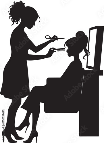 Silhouette of hairstylist cutting client's hair with scissors and comb