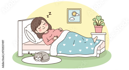 Illustration of a pregnant woman sleeping peacefully in bed with a cat, soft pastel colors, against a clean white background, conveying a calm, serene mood.