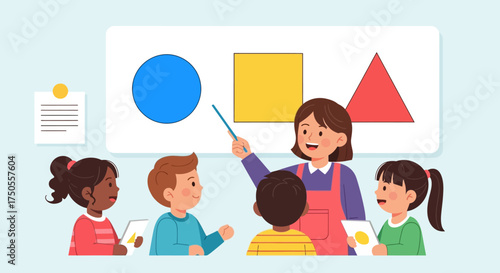 Illustration of a teacher presenting geometric shapes to children in a classroom against a light blue background with a cheerful and educational atmosphere.