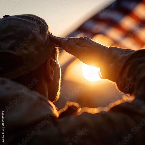 American flag gently waving during golden hour with silhouette of veteran saluting, cinematic atmosphere