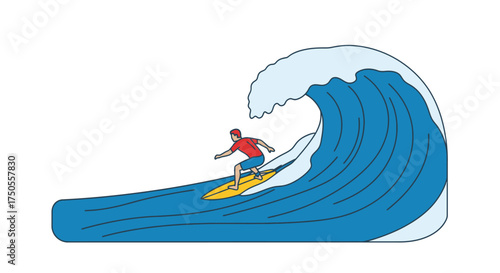 An illustrated surfer riding a large ocean wave in a flat, vector style against a clean, white background conveying a dynamic and adventurous feeling.