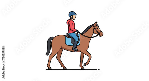 Flat vector illustration of a rider on horseback, with a simple style against a clean, white background, conveying a calm mood.