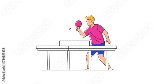 A male athlete hits a ping pong ball with a paddle in a vector line art illustration against a clean, white backdrop with a sporty and energetic mood.