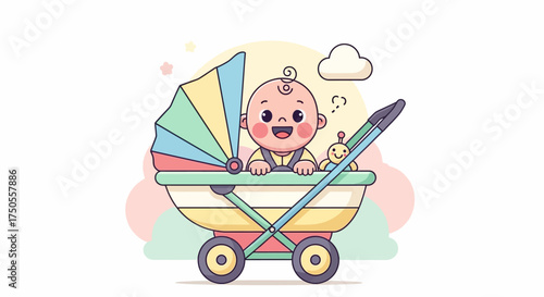 Cartoon illustration of a happy baby sitting in a colorful stroller against a clean white background with pastel colors conveying a cheerful mood.
