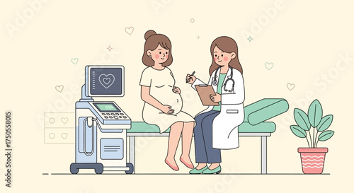 Cartoon doctor consulting with a pregnant woman in a light, flat illustration against a pastel background.