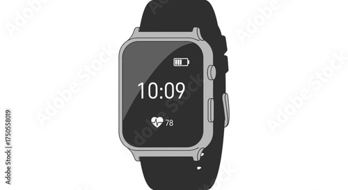 Illustration of a smartwatch displaying 10:09 on its screen against a clean white background in a minimalist, modern style.