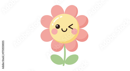 Cute cartoon flower winking with pink petals depicted in a flat illustration against a clean white background, evoking a cheerful mood.