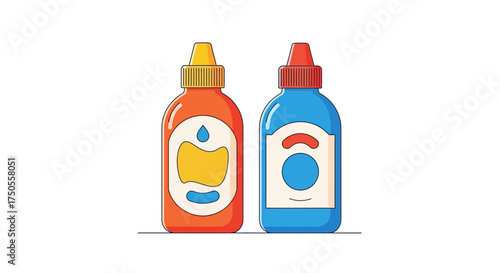 Illustration of two stylized condiment bottles, one orange and one blue, set against a clean white background in a flat lay, minimalist vector style.