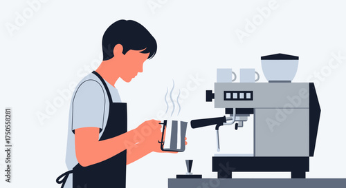 Illustration of a barista steaming milk with an espresso machine against a clean white background in a flat, graphic style, conveying a calm and professional mood.
