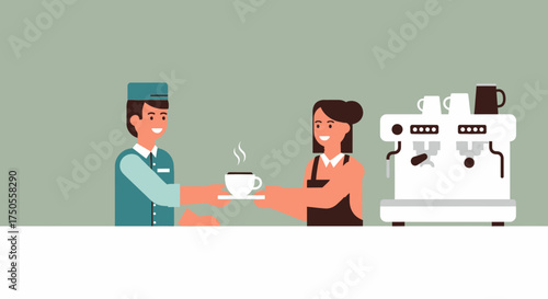 Smiling barista serving a cup of steaming coffee to a bellhop, illustrated in a flat design style with soft, neutral colors against a light green background.