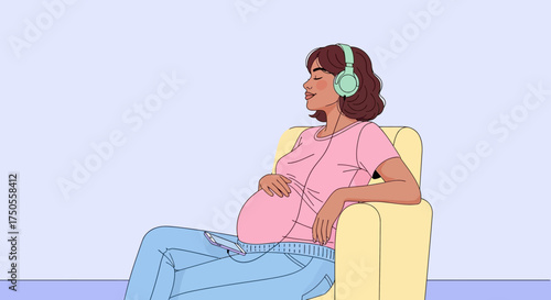 Illustration of a relaxed pregnant woman listening to music with headphones in a light, pastel-colored room conveying a peaceful mood.