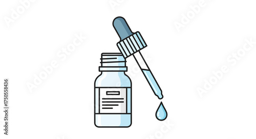 Line art illustration of a dropper bottle dispensing liquid against a clean white background in a simple, minimalist style conveying cleanliness and purity.