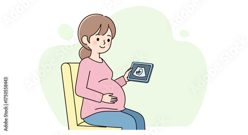 Cartoon illustration of a pregnant woman holding an ultrasound scan while sitting in a chair against a light green background with a joyful mood.