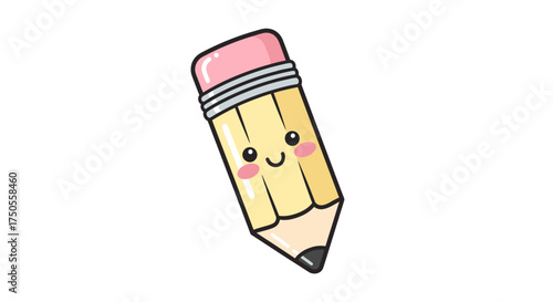 Illustration of a cute cartoon pencil with a kawaii face isolated on a clean white background, rendered in a flat, cheerful style.
