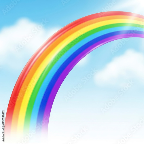 Colorful rainbow arching in clear blue sky.