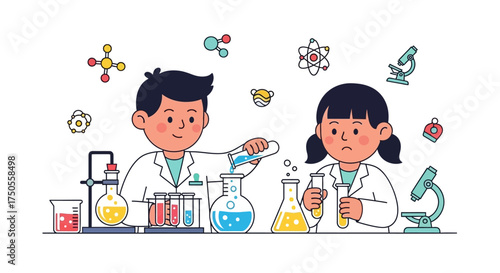 Illustrated boy and girl experimenting with beakers and flasks in a science lab, showcasing vibrant colors against a clean white background.