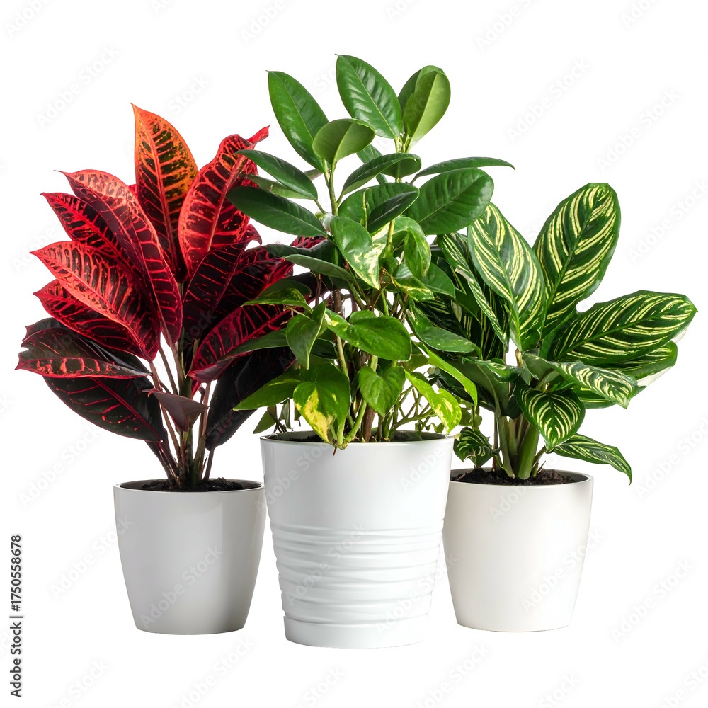 Fototapeta premium Three potted houseplants with vibrant foliage red, green, and variegated, in white pots