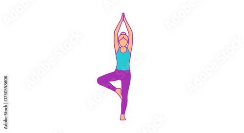 Full shot of a person in tree pose against a clean white backdrop, demonstrating yoga with a calm mood and purple, blue and pink colors.