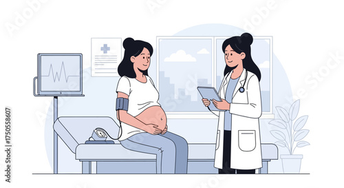 A pregnant woman having her blood pressure checked by a doctor with a tablet in a bright clinic against a white background in a flat illustration style.