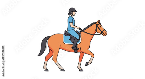 A female equestrian riding a chestnut horse with tack isolated against a white background, showcasing a clean, flat illustration style and calm mood.