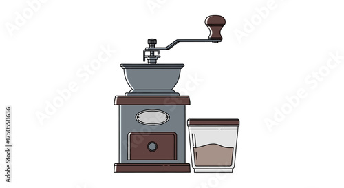 Isolated illustration of a manual coffee grinder near a glass jar with coffee grounds against a clean white background in a flat lay style.