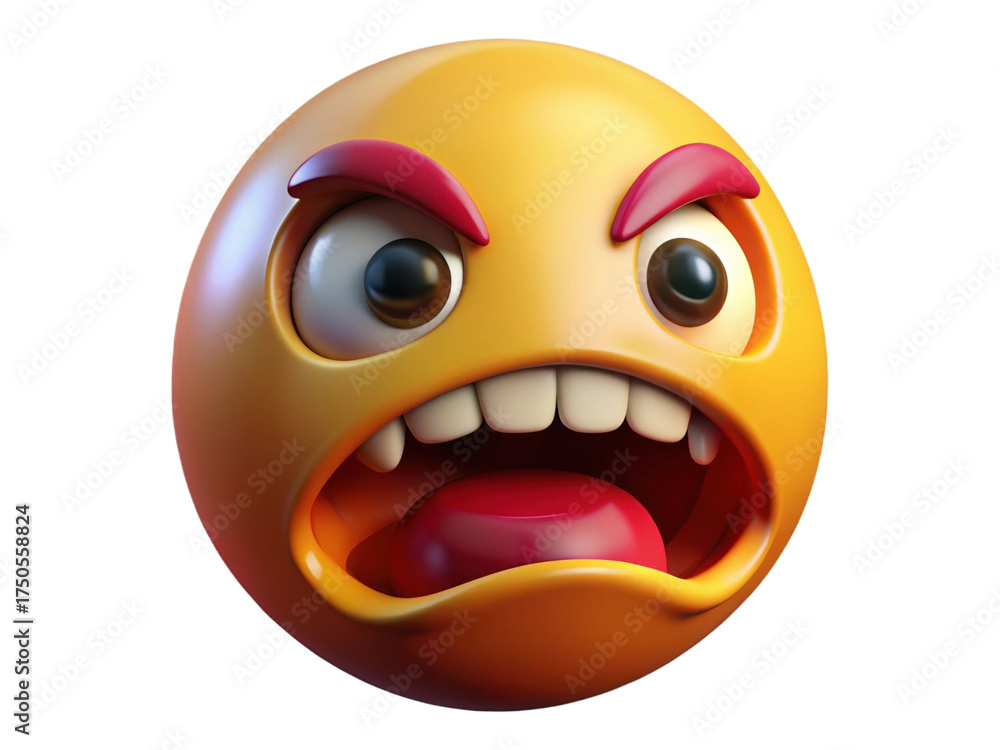 Fototapeta premium Angry yellow emoji with wide open mouth red eyebrows and visible teeth on a checkered background