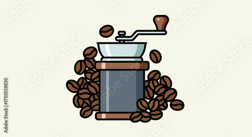 Illustration of a coffee grinder surrounded by coffee beans against a beige background in flat lay style, conveying a warm and inviting mood.
