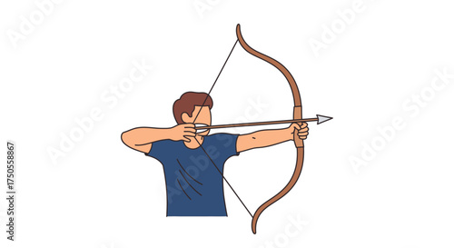 Illustration of an archer aiming with a bow and arrow against a clean white background in a flat vector style, conveying focus and precision.