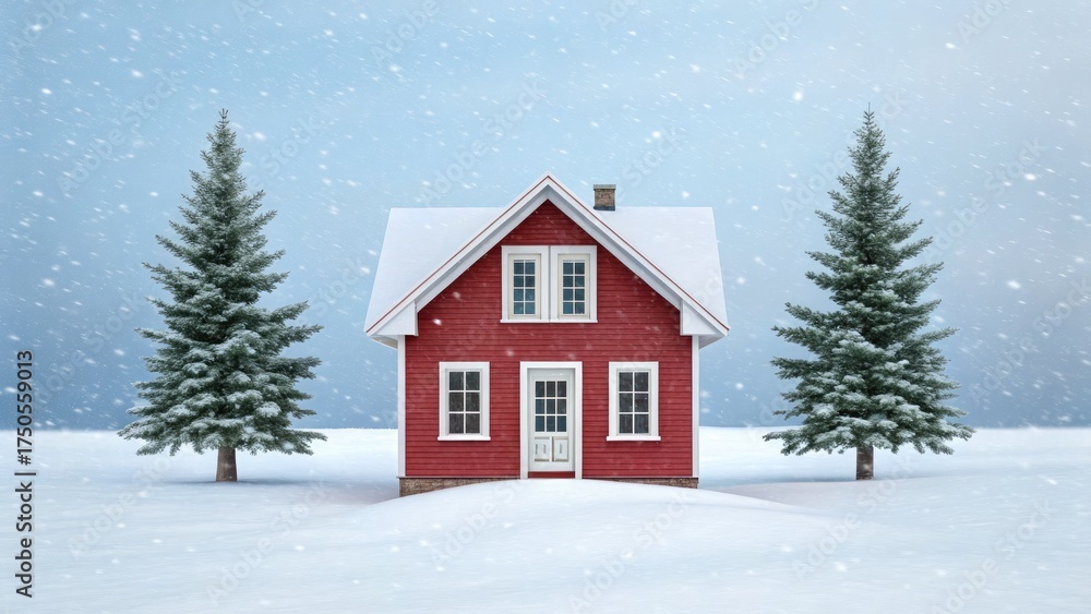 Naklejka premium Cozy red house in winter wonderland with snowy trees and snowfall