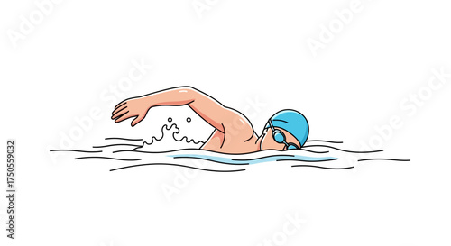 Line art of a swimmer performing freestyle in a pool against a white background, rendered with flat illustration style, conveying a sense of movement.